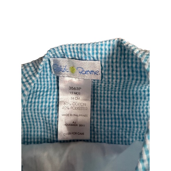 Petit Pomme Blue Gingham Seersucker Embroidered Turtle Jon Jon Romper 12M - Picture 3 of 3